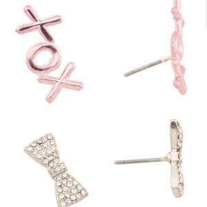 New Betsey Johnson Set Of Pink XOX Crawler & Pave Bow Earrings